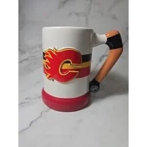 Calgary Flames White and Red Ceramic Hockey Mug with Glove Handle
